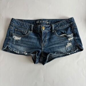 American Eagle Micro Mini Denim Shorts Womens 8 Med Wash Distressed Low Rise Y2K
